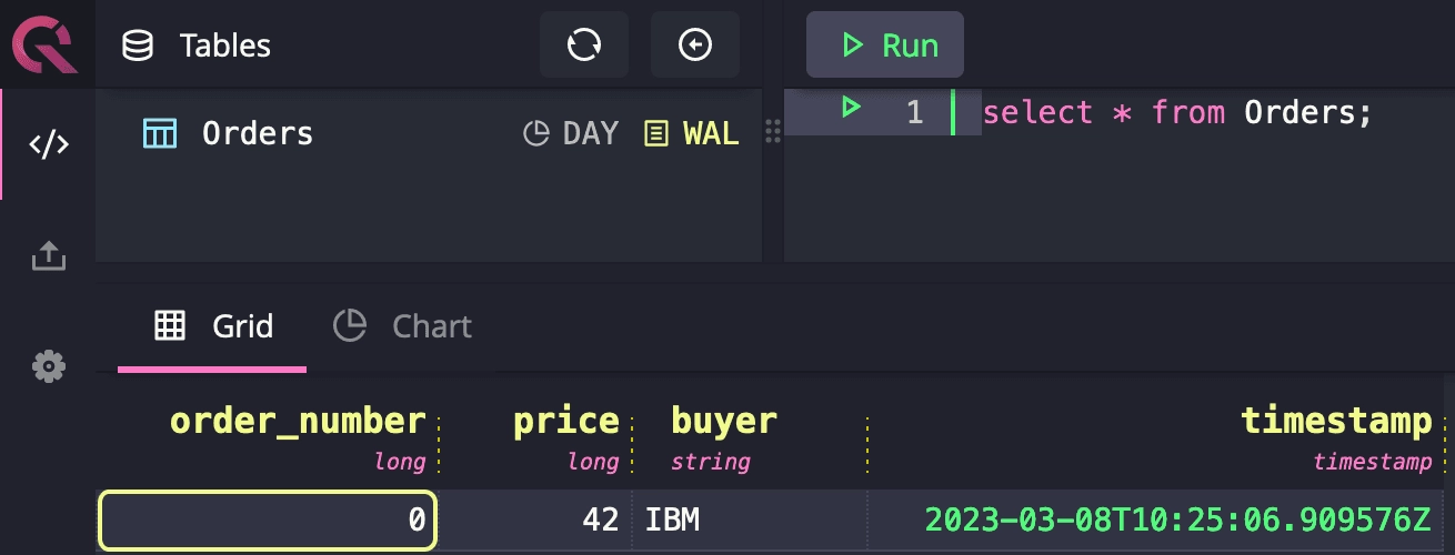 QuestDB web console screenshot with the query result