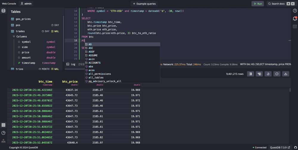 Screenshot of the Web Console showing various SQL statements and the result of one as a chart